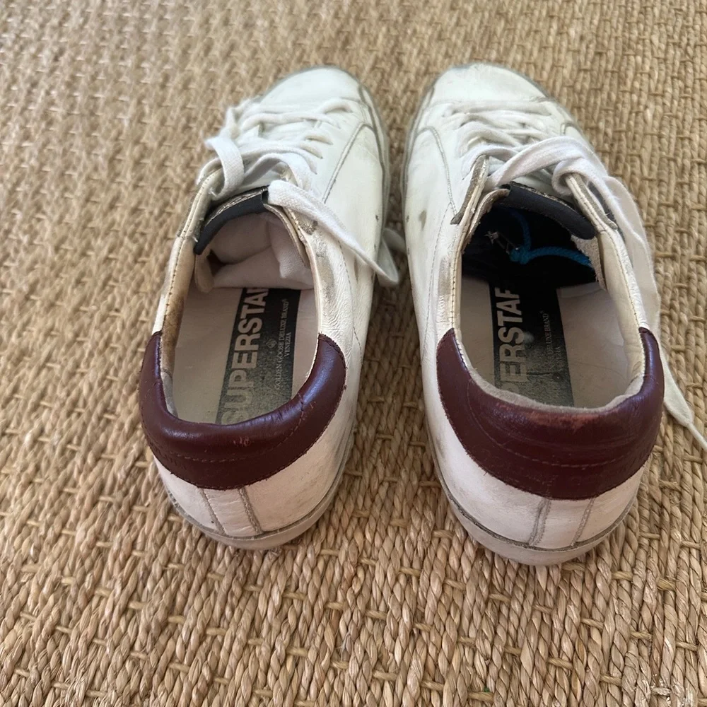 Golden Goose White Leather Sneakers with Purple Glitter Star and Burgundy Heel - Picture 3 of 8